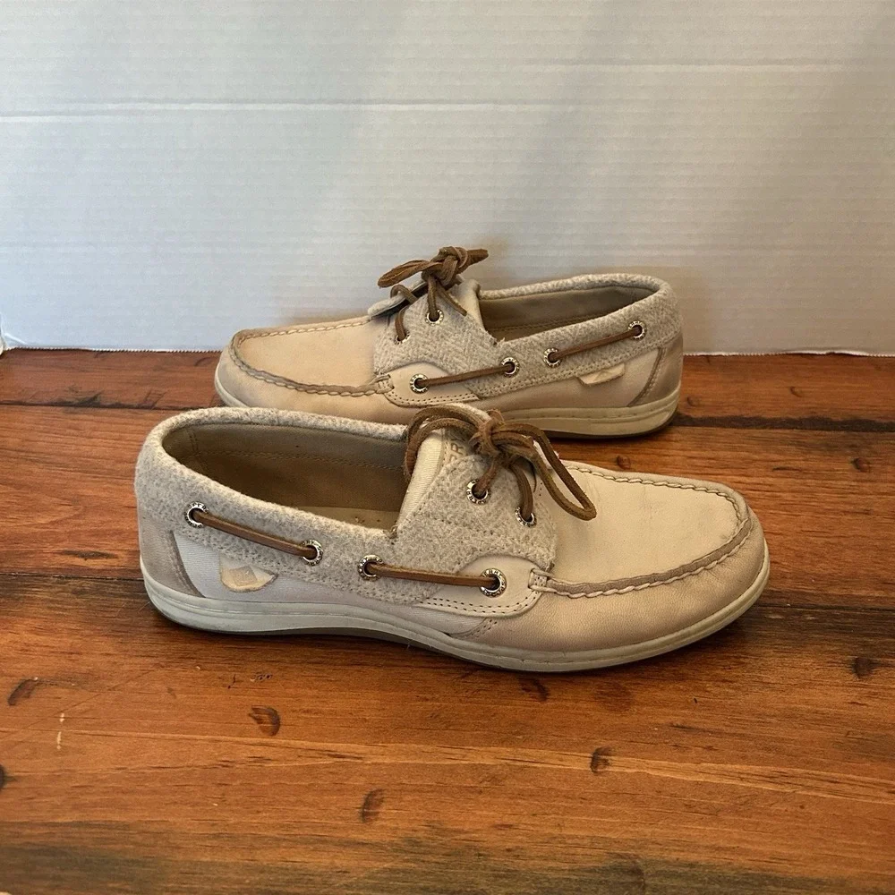 Sperry Womens 6.5‎ Boat Shoe Tan/Beige Leather Wool Acrylic Deck